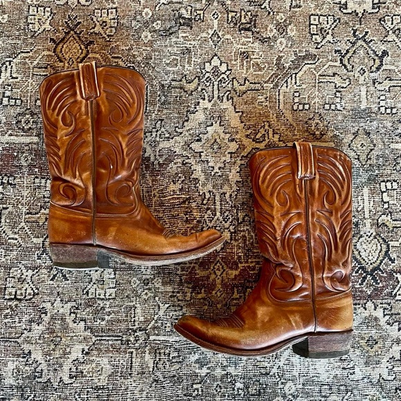 Dan Post Shoes - Vintage Leather Embroidered Cowboy Western Boots in Cognac Brown - 6